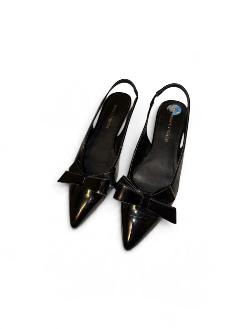 Marc Fisher Black Patent Pointed Slingback Flats with Bow Accent